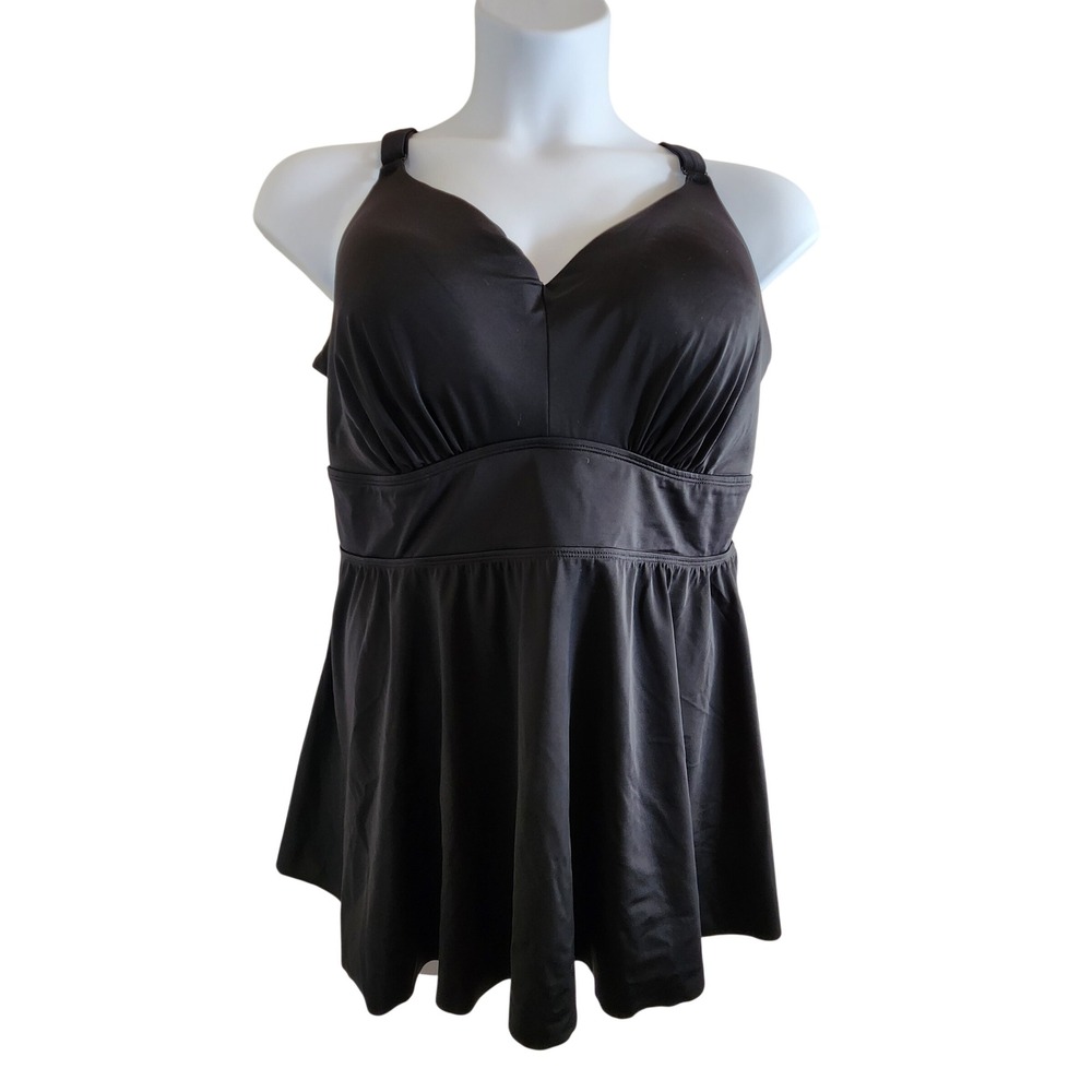 Torrid 4X Black Tankini Swim Top Womens DD/F Ruched V-Neck Skirted X back